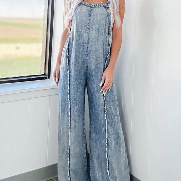 MODA ME COUTURE Pants - Blue Casual Women's Denim Overalls Washed Trim Sleeveless Wide Leg Jumpsuit